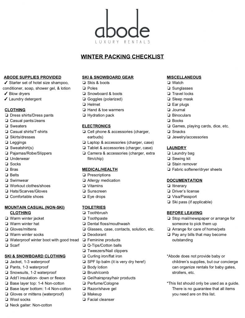 Winter Packing Checklist Abode Park City